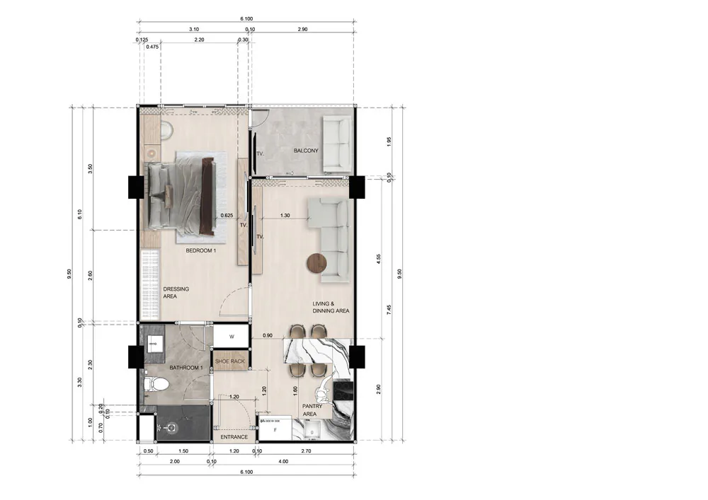 1 Bedroom 59.35 Sq.m.