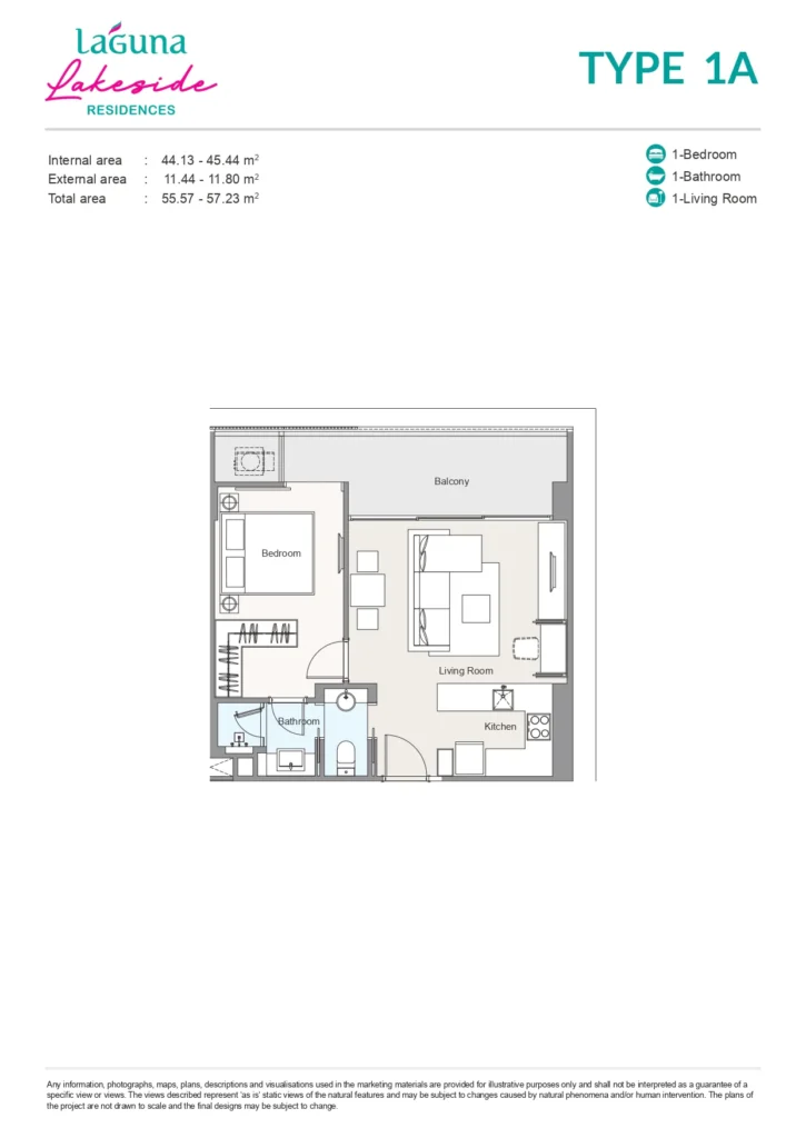 1 Bedroom 55.57 - 57.23 Sq.m.