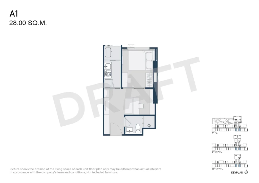 1 Bedroom A1 28.00 Sq.m.