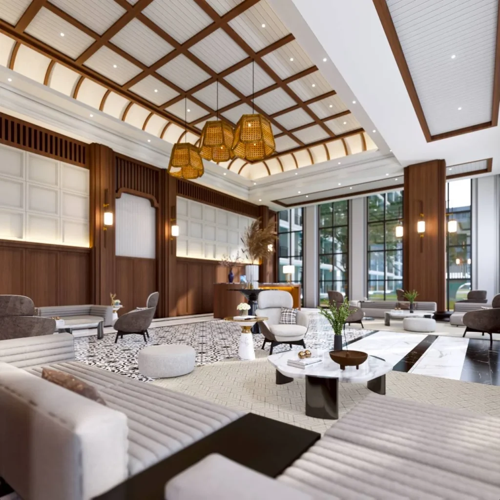 Современное пространство для работы, отдыха и встреч жителей комплекса | Modern coworking and lounge space for work, relaxation, and meetings